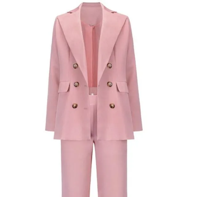 Formal polyester plain blazer with V-pockets and long trouser suits