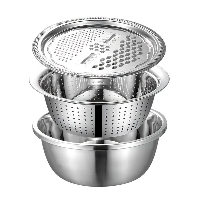3-piece stainless steel set: colander, vegetable cutter, round bowl for rice