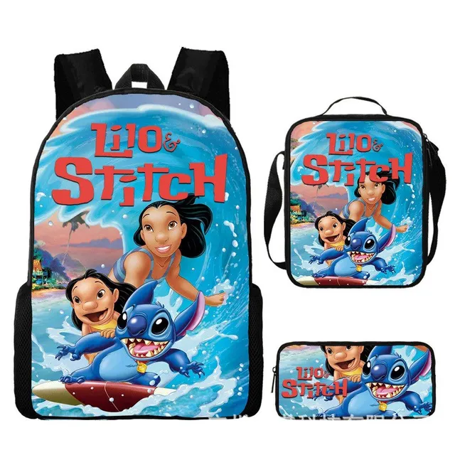 Set pentru copii cu 3 piese școlare cu motivele personajelor animate preferate Lilo și Stitch Rucsac / Geantă peste umăr / Penar