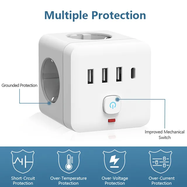 7v1 EU Power bar with overvoltage protection, 3x socket + 3x USB + 1x USB-C, charging station with overload protection