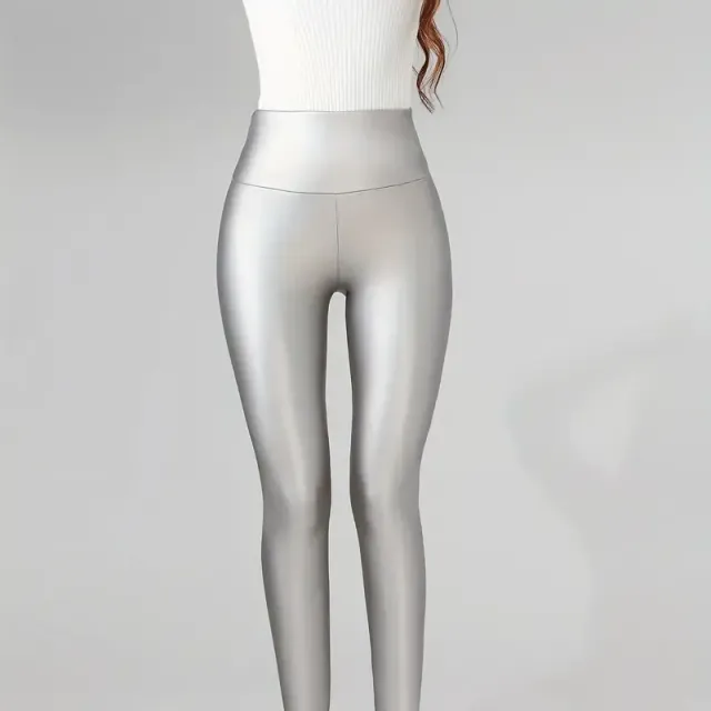 High leggings with leather appearance and plush lining, elastic and sexy, autumn/winter, women's active clothing