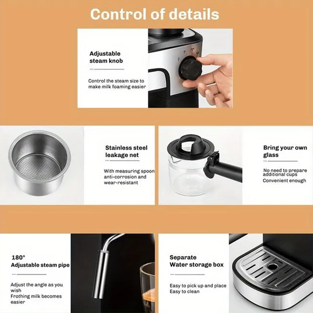 Espressor 1 piece with EU plug, built-in milk/steam nozzle