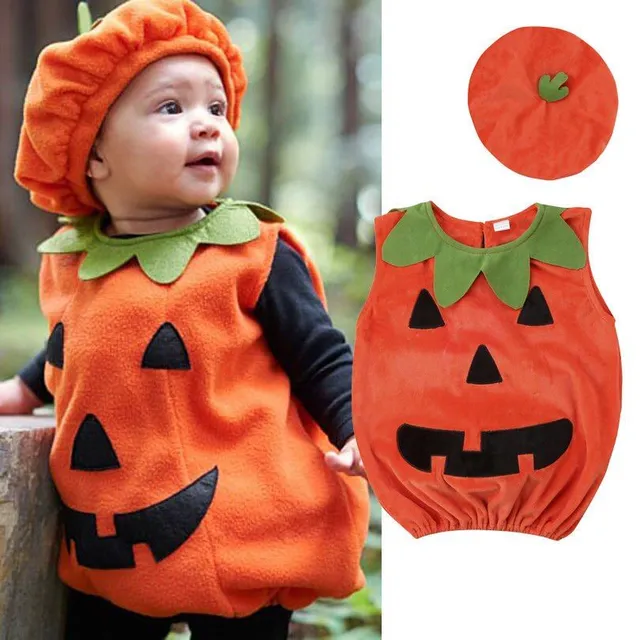 Children's Halloween pumpkin costume with romper and sleeveless hat