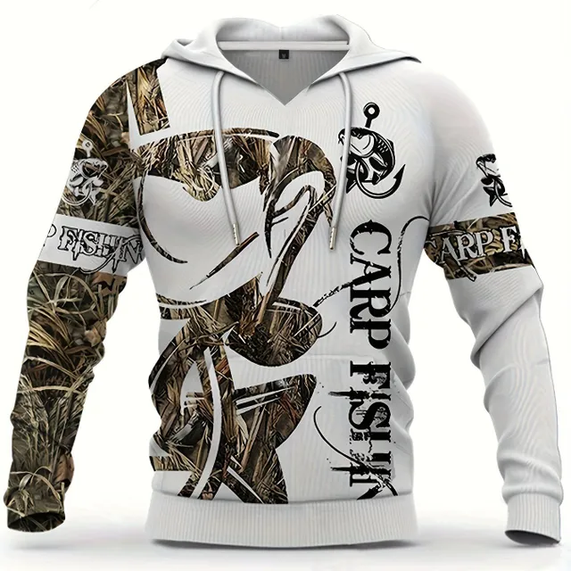 Men's casual sweatshirt with hood and 3D printing of a fishing pattern