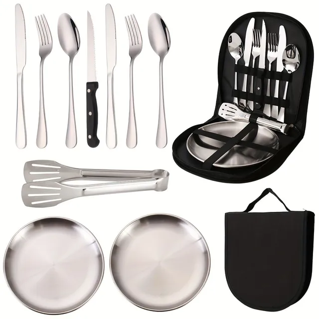 10 piece set of portable stainless steel for outdoor camping and picnic