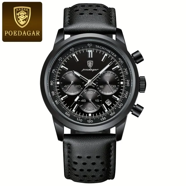 Men's chronograph watch business/free time quartz with luminance, analog, with PU leather strap, with data indicator