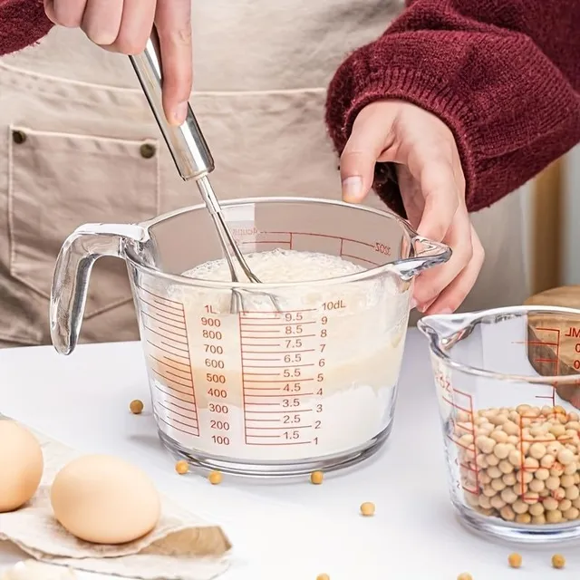 Sklenená odmerka s funkciami a rukoväťou, 500 ml - odolné voči vysokým teplotám, veľká kapacita, ideálne na pečenie a mikrovlnnú rúru