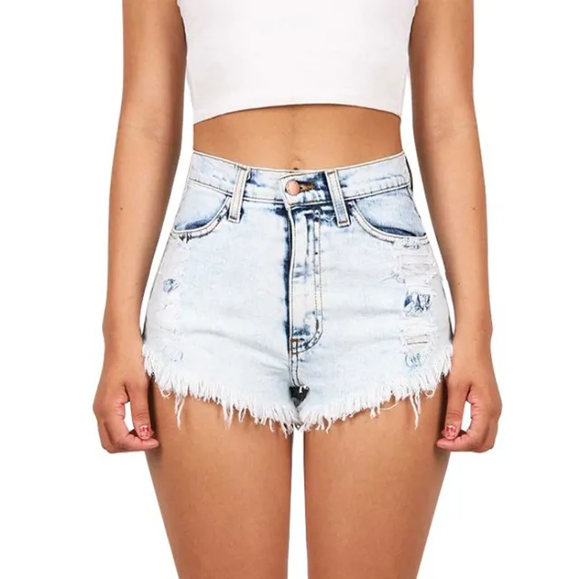 Women's frayed denim shorts with holes in their pockets