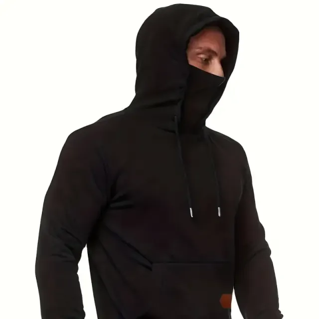 Men's hoodie with hood and face cover, drawstring, casual, multicolour