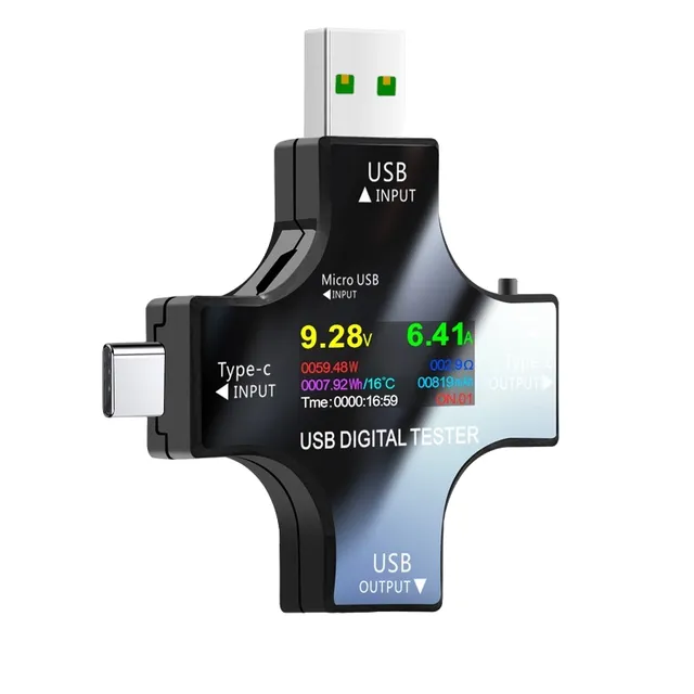 Testor USB multifuncțional cu măsurarea capacității, USB, micro USB, USB-C