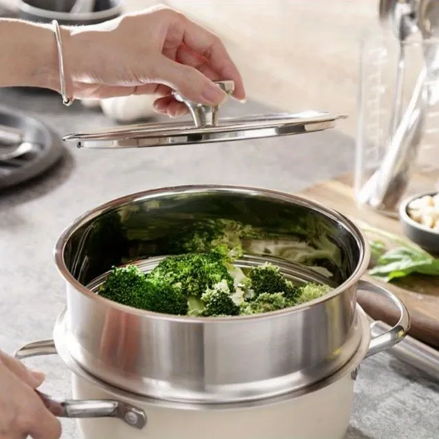 Stainless steel steam pot with soup pot, thick hollow heat resistant handle and lid - Korean style