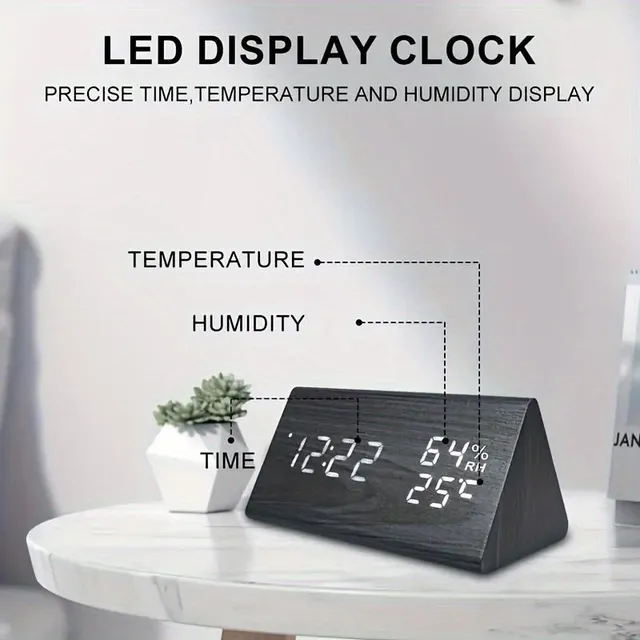 Digitaler Holzwecker in dreieckiger Form mit LED-Display und Sprachsteuerung - multifunktional mit Anzeige von Uhrzeit, Temperatur und Luftfeuchtigkeit