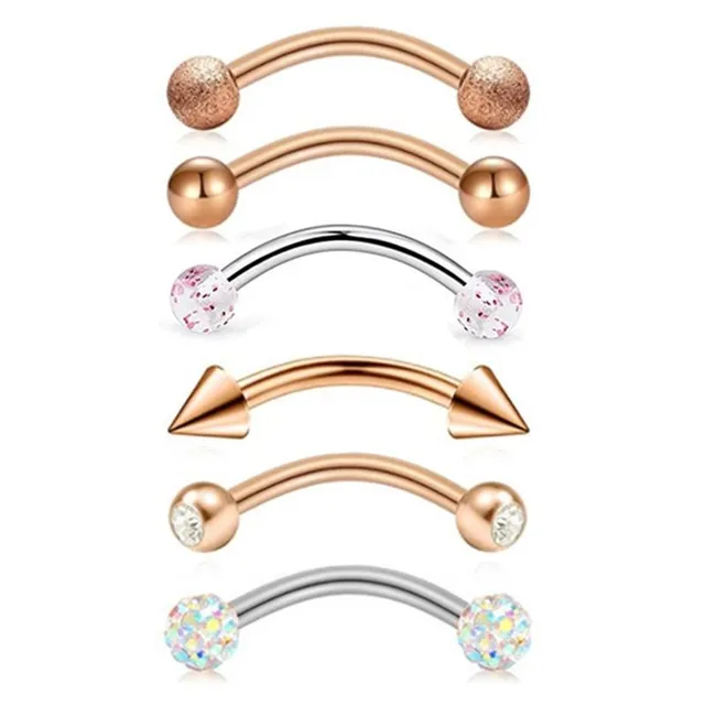 Colourful curved eyebrow piercing with spikes and ball - set of 6