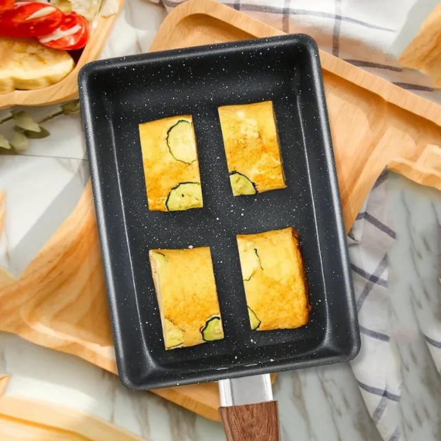 1 bucată tigaie antiaderentă tamagoyaki pentru omlete și prăjit ouă cu mânere din lemn imitativ