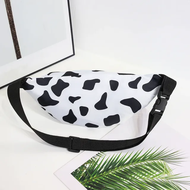 Stylish fanny pack with two pockets with cow's coat motif - black and white, adjustable strap