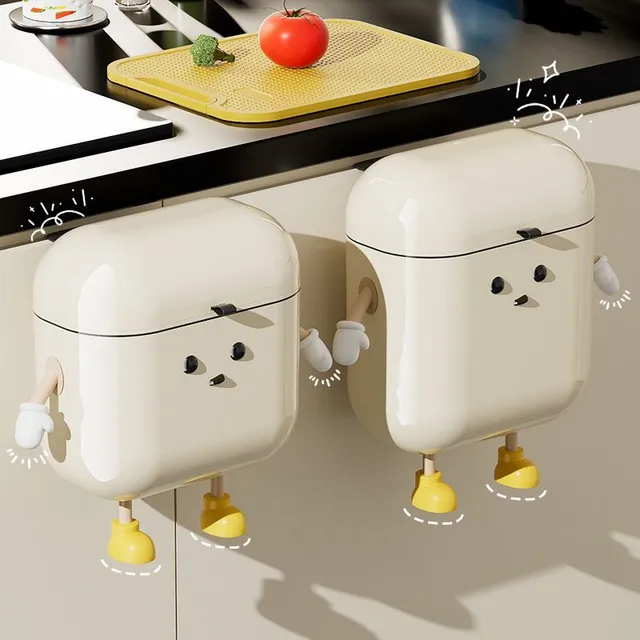 1 piece cute cartoon hanging trash basket with lid, large capacity, without drilling on wall trash basket for kitchen and bathroom