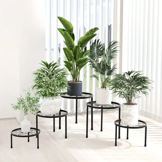 Modern set of 5 resistant iron racks for plants in different sizes for indoor and outdoor locations