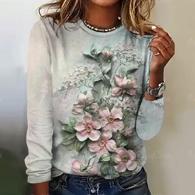 Women's long sleeve t-shirt with three-dimensional flower print - More variations