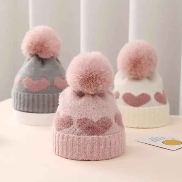 Cappello invernale per neonati con pompon di pelliccia e stampa di cuori - cappello rosa lavorato a maglia per neonati, bambini e bambine