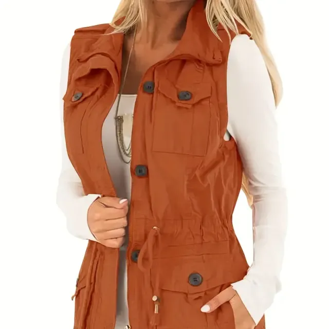 Solid Vest With Capsules On Clops And String, Universal Handless Vest With Zip For Spring And Autumn, Women's Clothing