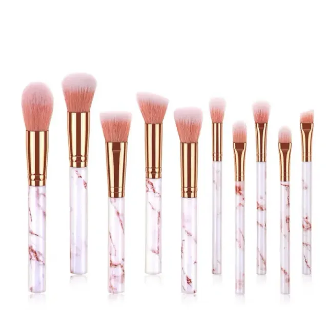 Set of 10 pieces of cosmetic brushes with design handle with marbled appearance