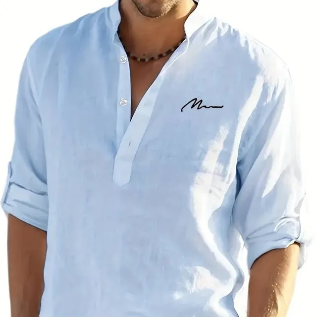 Pánske dlhé rukávy Retro Henley Cotton Len oblečenie pre pláž, Festivaly, Party Shirt s V-neck - jednofarebné tričko