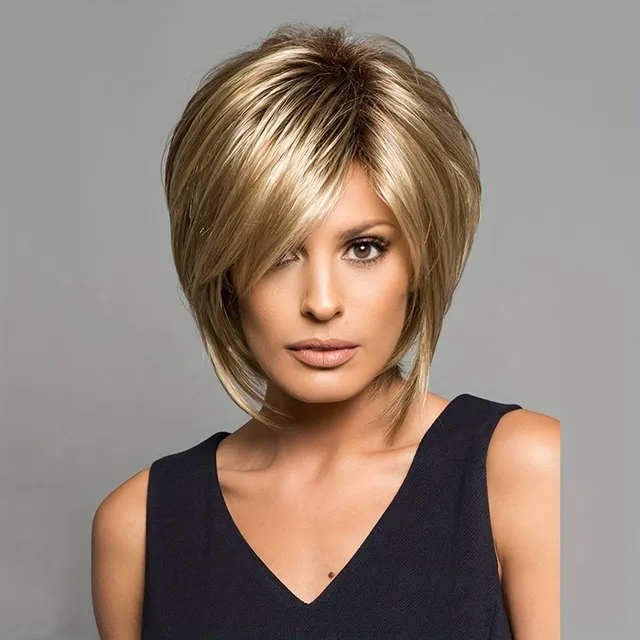 Stylish wig with straight short hair and bangs