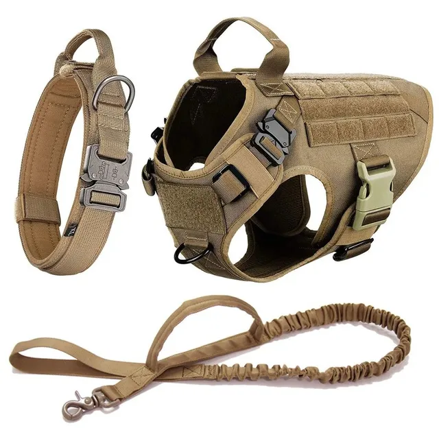 Set of military harness, collar and guide for dogs Resistable adjustable training vest with dry zipper for dogs Breathable harness with handle