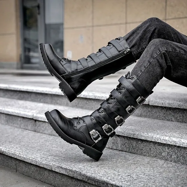 Men's motorcycle shoes with buckles and side zippers, anti-slip, high, into nature