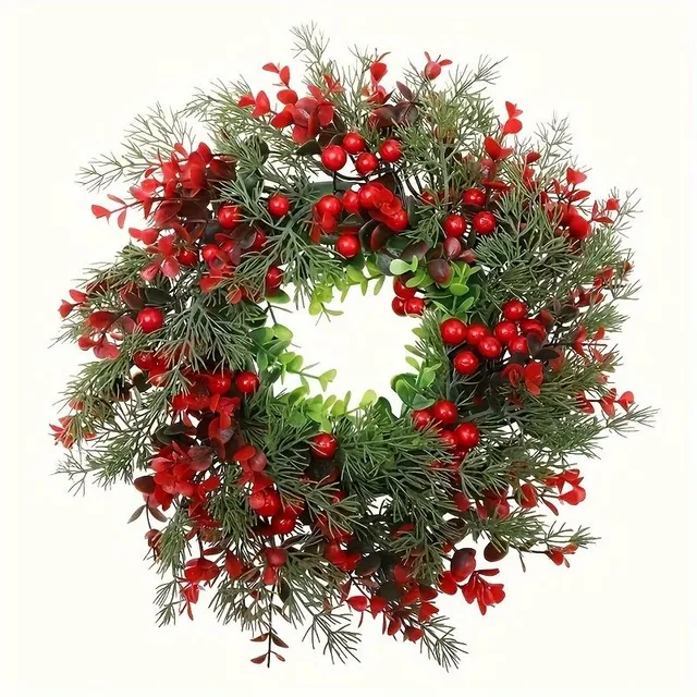 Christmas wreath with red berries and artificial eucalyptus