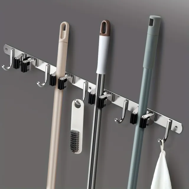Holder for mops and brooms for stainless steel wall 304, storage organizer, 4 clips 5 hooks