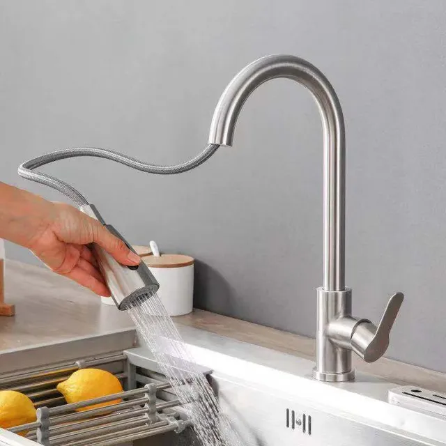 Kitchen sink mixer, stainless steel, pull-out, 360° swivel, with lever control for hot and cold water - splash protection