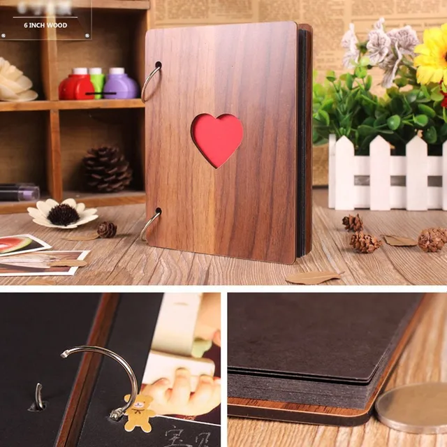Wooden photo album with a heart in the middle