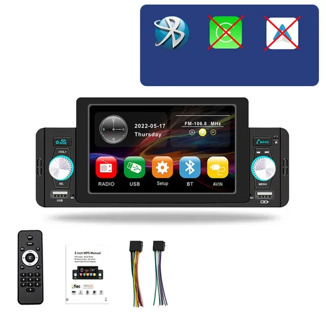 Stylish car radio with 5 inch touch screen, colored LED sublight, bluetooth, AUX, USB - connection 1DIN