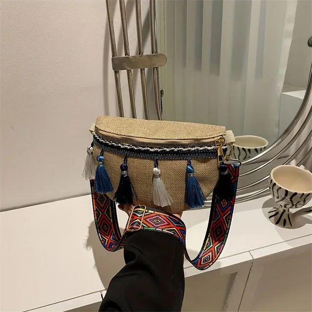 Damen Boho Bauchtasche mit ethnischen Mustern und Fransen