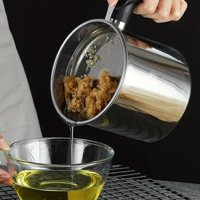 1pc Stainless steel container for kitchen oil with filter - easy holding, for storing used oil and fat