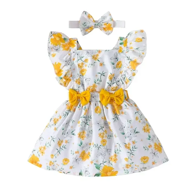 Baby dress for newborns with butterfly sleeves and yellow flower pattern