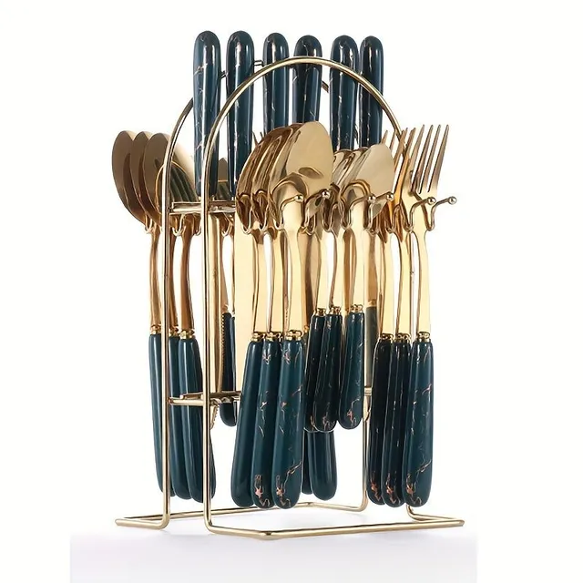 24pcs Stainless steel Stand for cutlery A Storage Box - Mirror Design for use In Households, Restaurant &amp; Party - Contains Dining Knife, Fork, Spoon &amp; Dessert Spoon - Ideal For Organizing &amp; Exhibition of cutlery