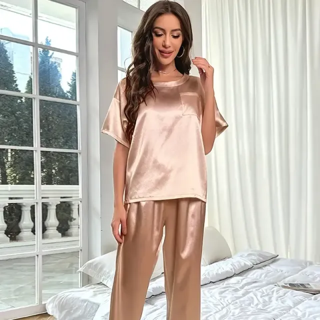 Pijamale din satin pentru femei, set cu mâneci scurte și pantaloni lungi