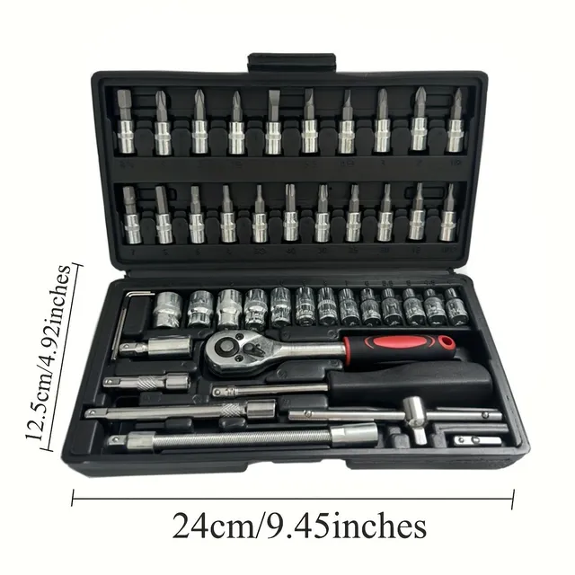 46 piece Ráčnová set with 1/4" sockets - Metric, with Cr-V heads 4-14 mm, extension adapters, for home car repairs