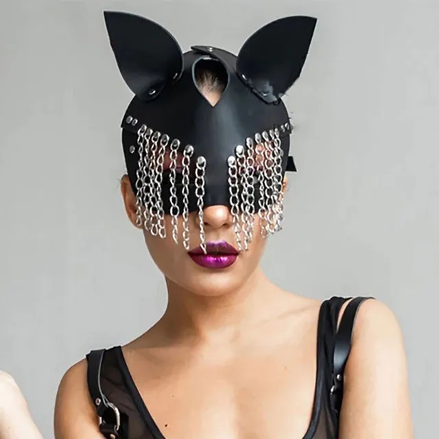 Sexy leather mask on face with ears