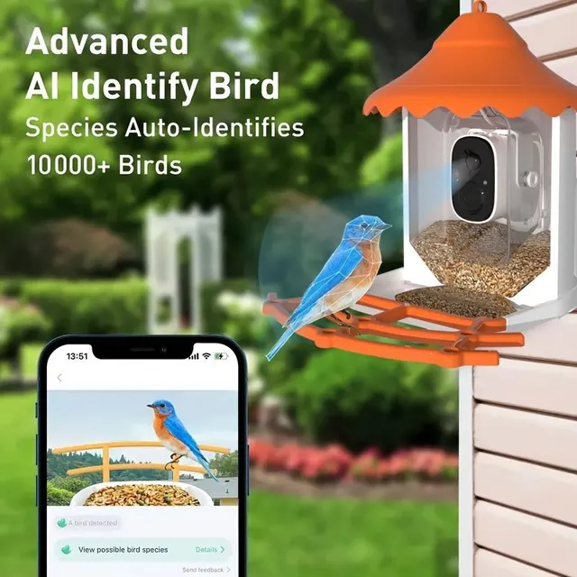 Automatický podávač pre vtáky, vonkajší podávač pre kolibríky s šošovkami na sledovanie vtákov, AI rozpoznanie vtákov, 1080P HD kamera, dvojsmerný mikrofón, diaľkové ovládanie, IP65, pohotovostný čas asi 6 mesiacov, so solárnym panelom