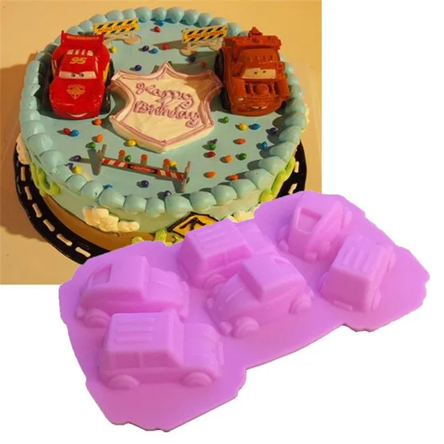 Silicone violet cake mould and various decorations - cars
