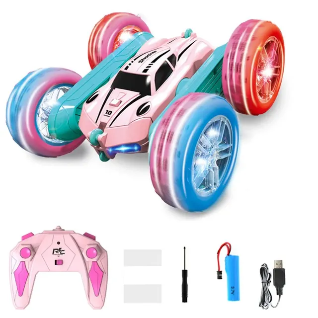 Remotely controlled stunt car with illuminated wheels, swing arm, double-sided roll and transformer 2.4 Ghz