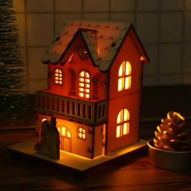 Drewniany dom z światłem LED do dekoracji okna