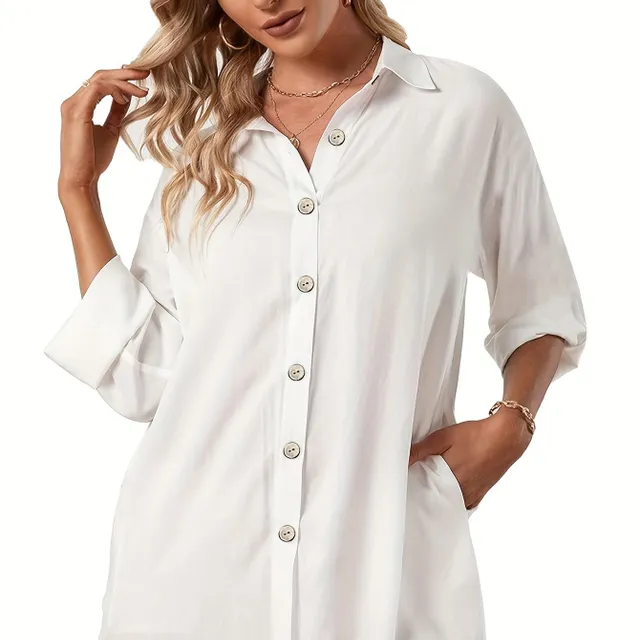 Beach shirt with long sleeve for buttons, simple monochrome, for women plus size