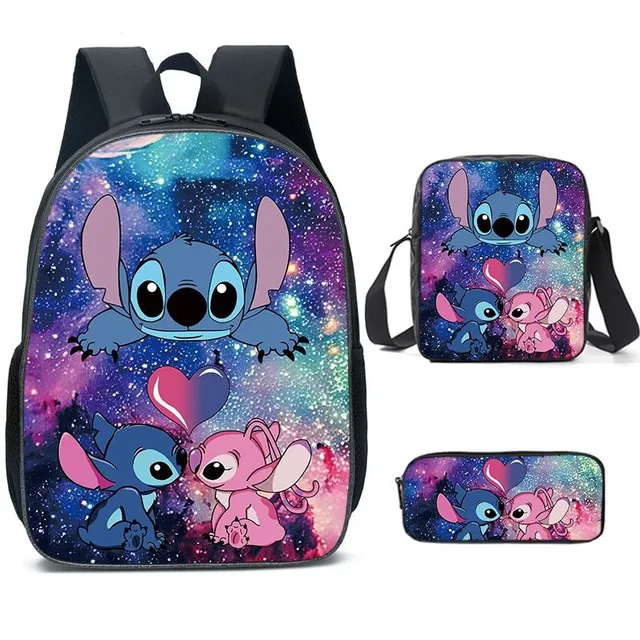 Set pentru copii cu 3 piese școlare cu motivele personajelor animate preferate Lilo și Stitch Rucsac / Geantă peste umăr / Penar