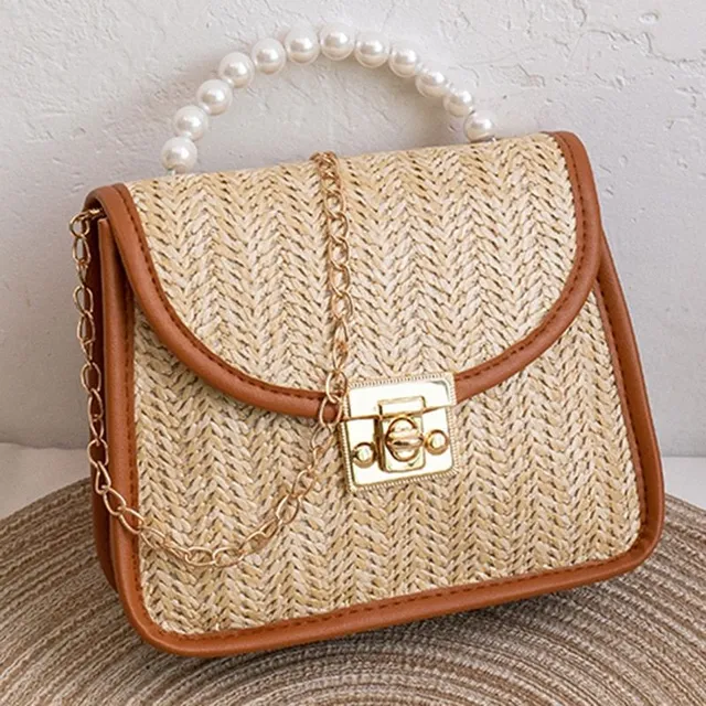 Women's fashion straw handbag with pearl tab Aryanna