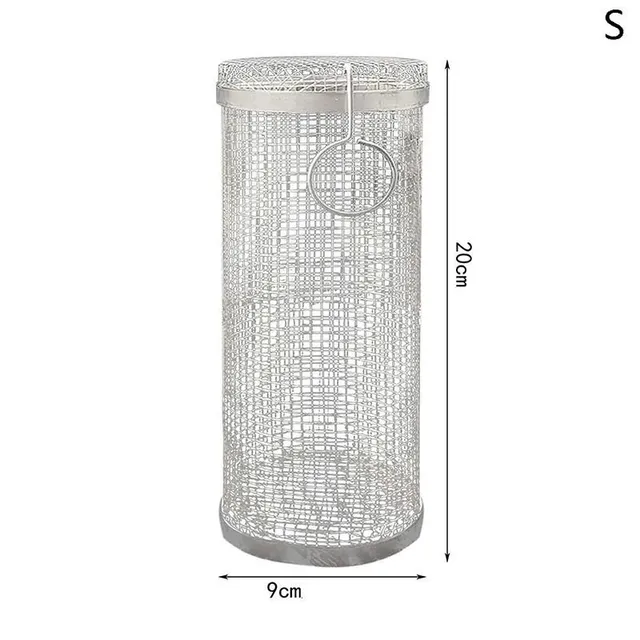 Outdoor cylindrical barbecue basket with stainless steel hook and fork