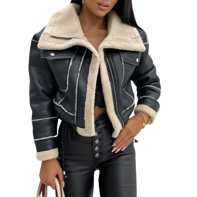 Women's warm jacket with leather patch - short cut, luxury outerwear